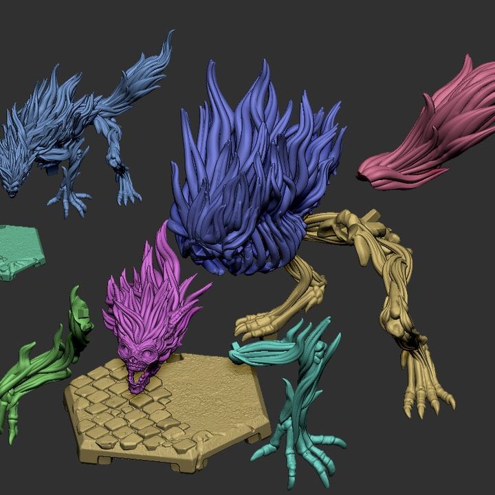 Assembly pieces of The Deadbeast with colorful representations of each part for easier identification.