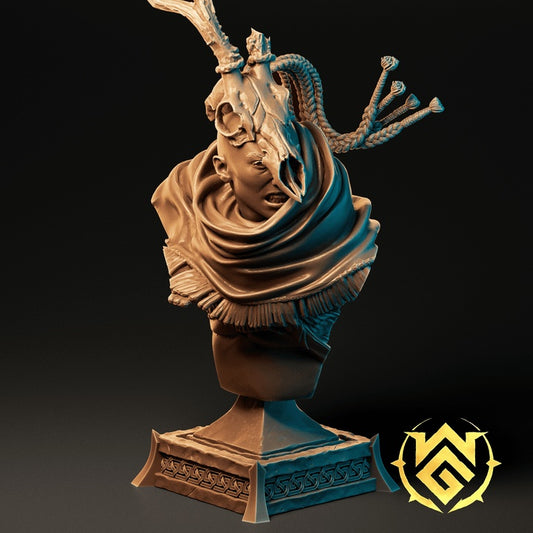 desert druid cai fantasy miniature bust with bone mask braided hair ritual cloak and ornate pedestal base tabletop rpg dnd pathfinder spellcaster model