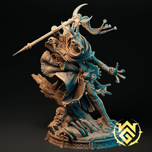 desert druid cai full fantasy miniature posed casting spell with bone mask staff flowing robes skeletal base elements tabletop rpg dnd pathfinder spellcaster figure