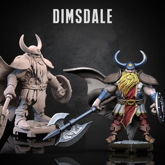 Painted and unpainted collage of Dimsdale, dwarf with axe and shield.