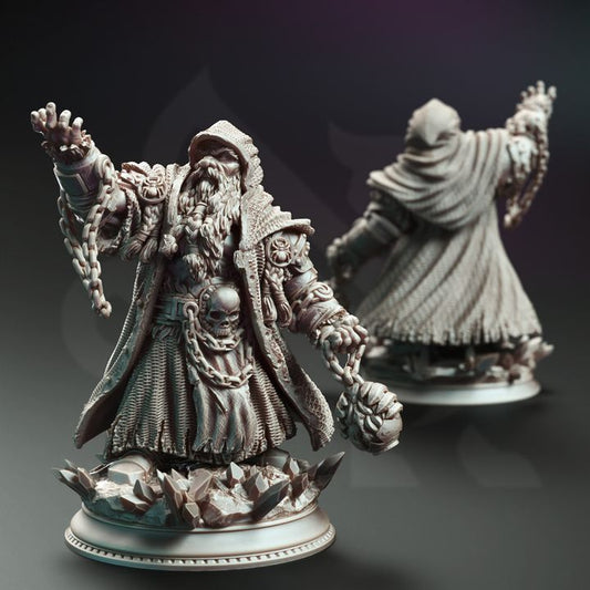 Dorgrid Darnane, a male Dark Dwarf Rune Sorcerer, depicted with a raised hand casting a spell. His robe is adorned with runes, skulls, and chains, exuding a dark mystical aura. The miniature stands on a jagged rocky base, enhancing its imposing presence.