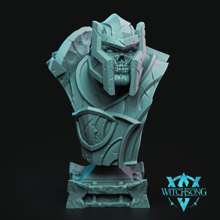 Dregh of the Wastes bust, showcasing a skeletal face with jagged armor details and a haunting grim expression.