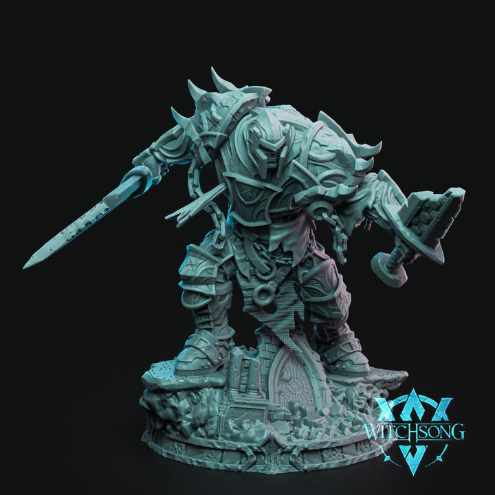 Dregh of the Wastes full figure, a skeletal warrior in jagged armor, wielding a massive sword, standing on a detailed ruined base.