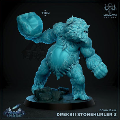 Drekkii Stonehurler 2 miniature, depicting a powerful creature mid-action with a boulder in hand, designed for tabletop RPGs like Dungeons & Dragons, Pathfinder, and Warhammer.