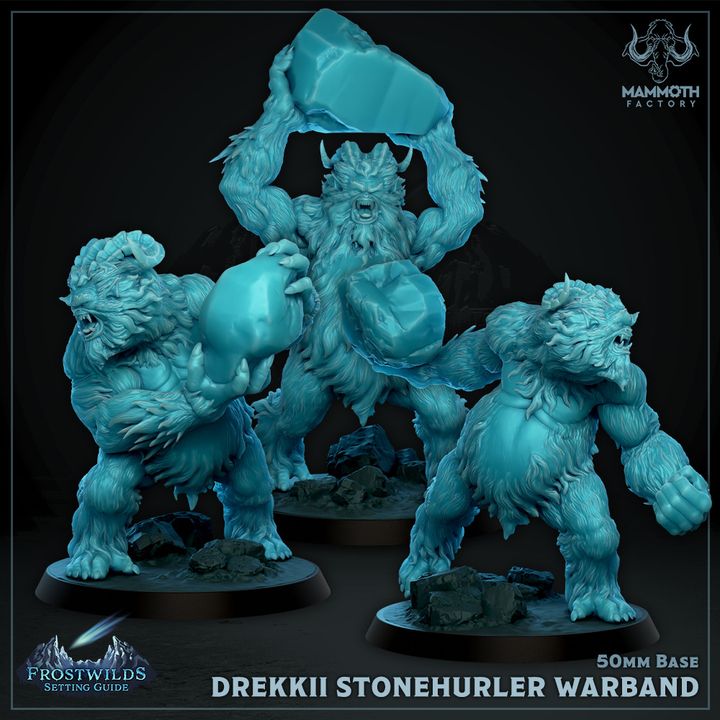 Drekkii Stonehurler Warband miniatures, a trio of fierce, rock-wielding creatures designed for use in tabletop RPGs like Dungeons & Dragons, Pathfinder, and Warhammer.