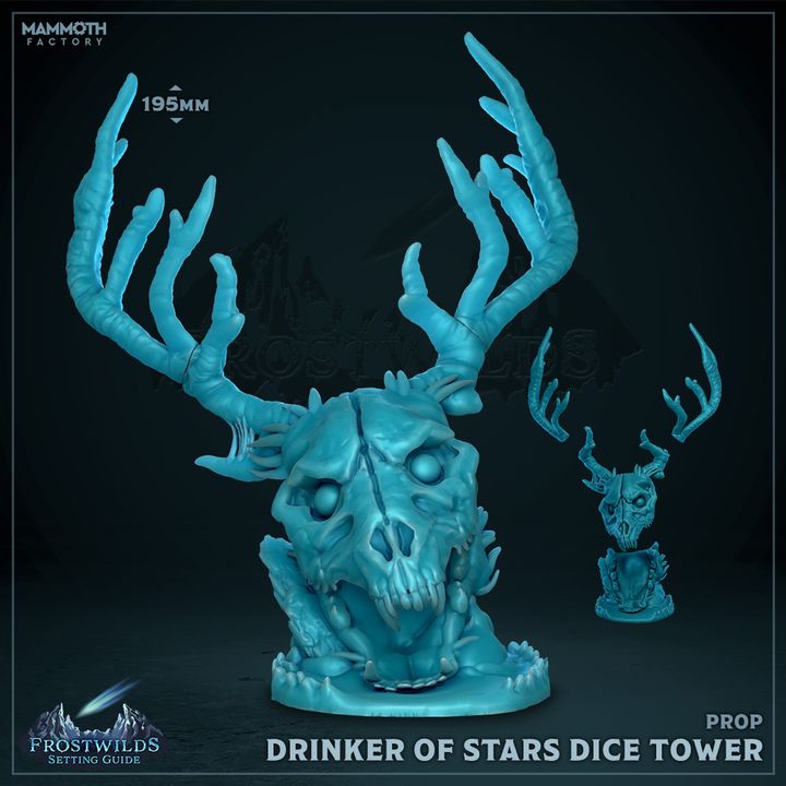 3D-printed Drinker of Stars Dice Tower prop featuring a wendigo skull with ethereal antlers, designed for TTRPGs like Dungeons and Dragons and Pathfinder.