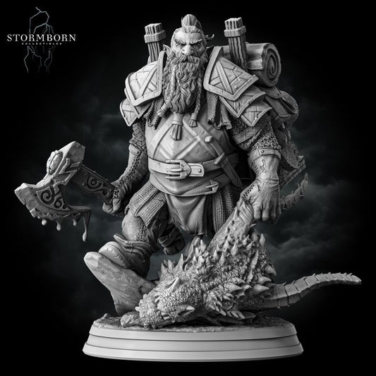 A highly detailed Dwarven Dragon Hunter miniature, featuring a rugged dwarf warrior in heavy armor with intricate carvings. He wields a massive warhammer and carries a large backpack filled with supplies. At his feet lies a slain dragon, showcasing his prowess as a formidable dragon slayer.