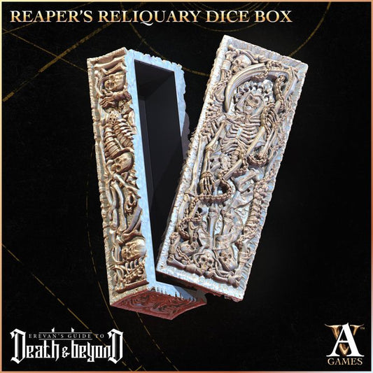 Reaper's Reliquary Dice Box showcasing detailed skeletal carvings on the lid and sides, open to reveal its interior, ideal for dark fantasy TTRPGs.