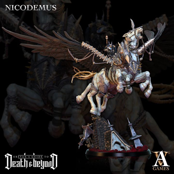 Nicodemus, the Philosopher Lich, riding a skeletal Pegasus, adorned with intricate armor and arcane symbols, ideal for dark fantasy TTRPGs.