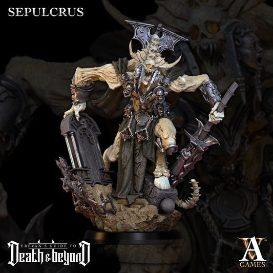 Sepulcrus, the Tomb Demon, rising out of it's grave holding onto it's tombstone, draped in cursed armor with skeletal features, perfect for TTRPGs.