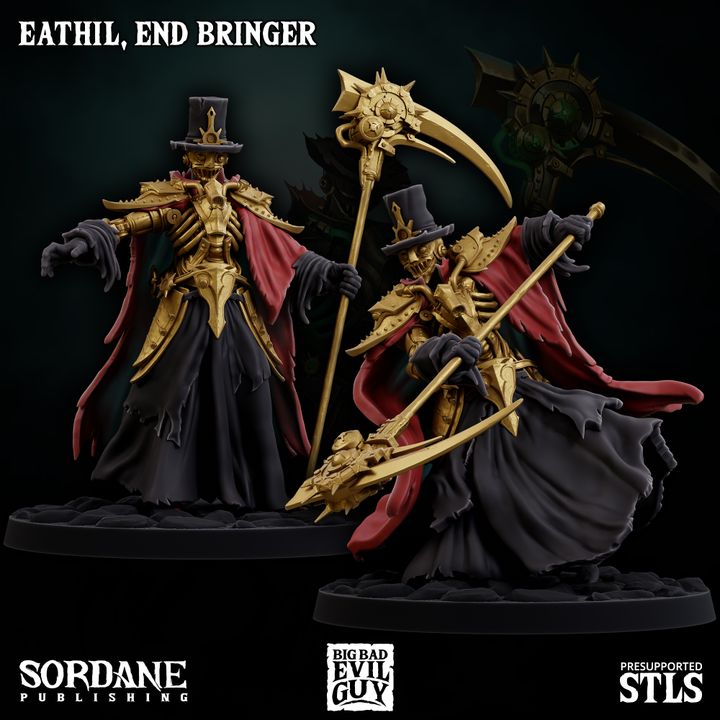 Eathil, End Bringer in a dynamic pose, holding a large scythe and wearing tattered robes.