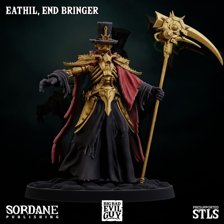 Eathil, End Bringer a mechanical being standing with a scythe, wearing robes and a top hat.