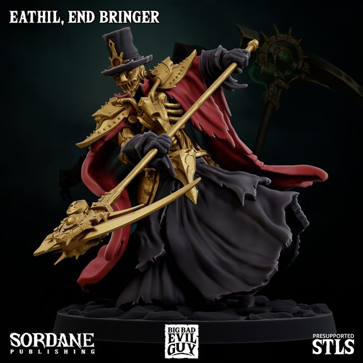 Eathil, End Bringer with a scythe, depicted in a dramatic stance.