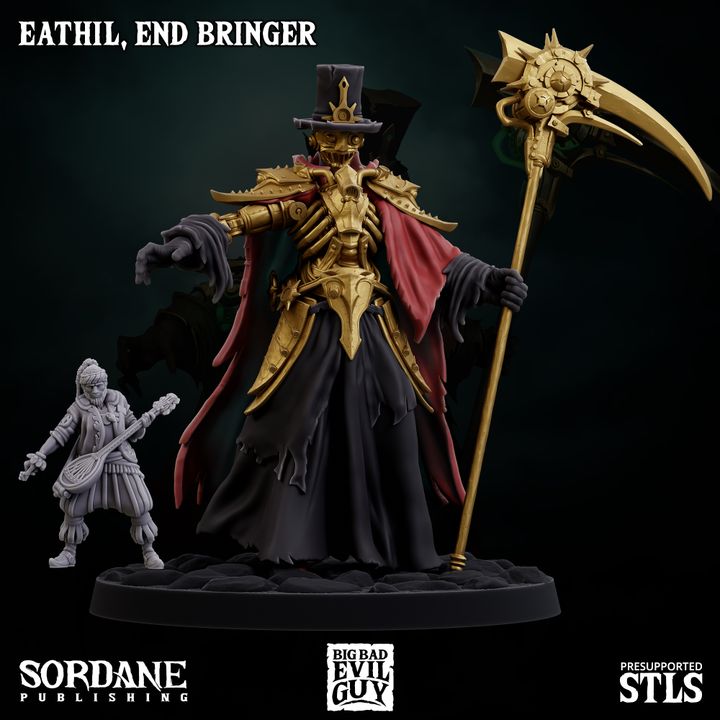 Eathil, End Bringer standing tall with a scythe, showcasing tattered robes and a top hat, with a bard figure for scale.