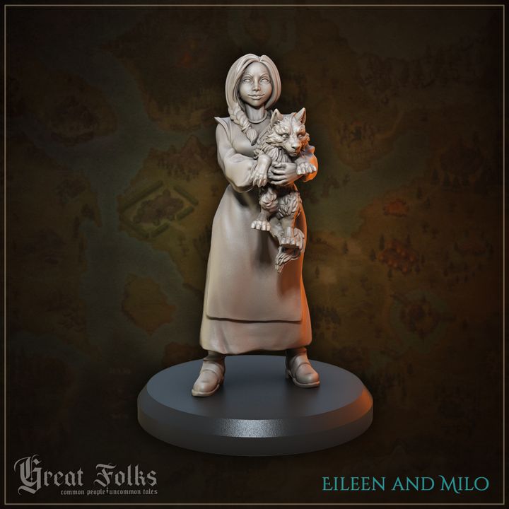 3D-printed Eileen and Milo miniature, depicting a young commoner girl holding a wolf pup, designed for TTRPGs like Dungeons and Dragons and Pathfinder.