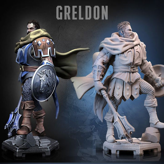 Render of Greldon figures side by side, armored cleric or paladin with shield and mace, standing on a decorative base.