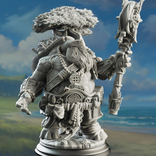 Tortle Wiseman Wizard miniature named Elki the Wanderer, depicted with a tree-like growth on his shell, holding a staff adorned with ancient symbols, embodying wisdom and adventure.