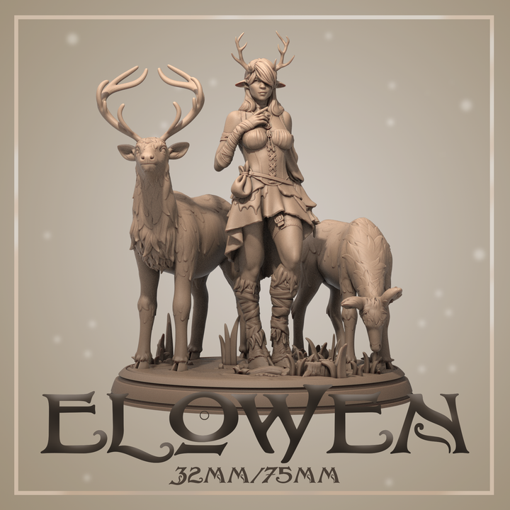 Elowen, a satyr female druid, standing between a stag and a doe, dressed in flowing druidic attire, surrounded by foliage, embodying a serene connection to nature.