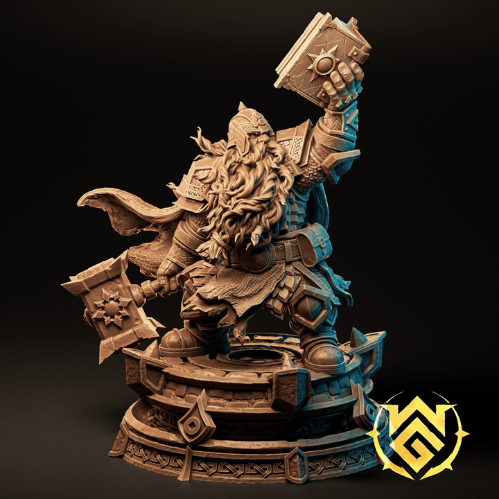 Dwarven cleric statue with massive braided beard, raised warhammer, heavy runic armor, and layered stone base, holy warrior pose, fantasy tabletop collectible