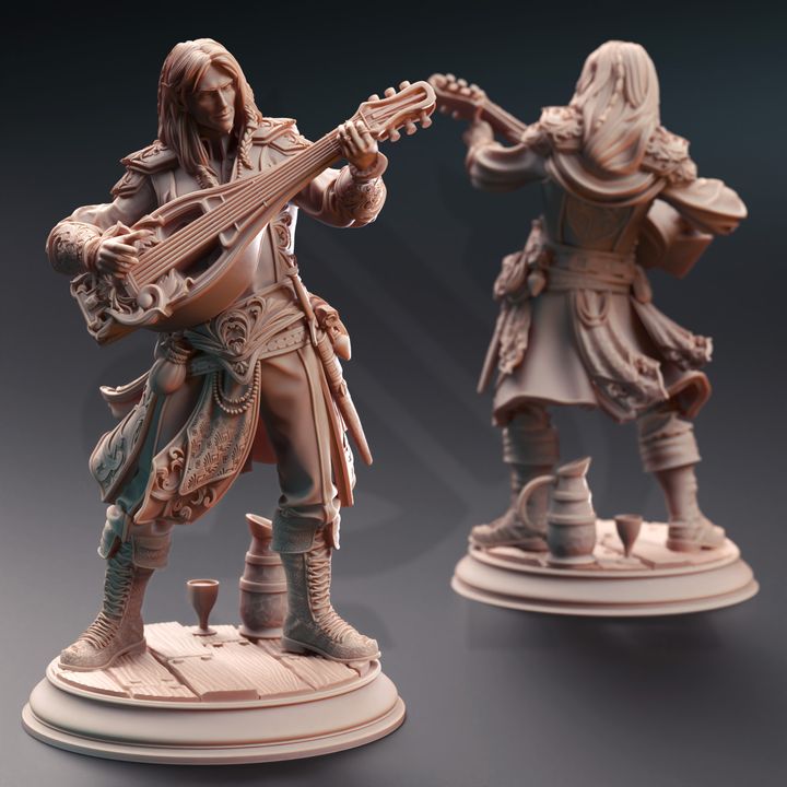 Ereviel Eight Toes, Elven Fortune Bard miniature, shown in a full-body front and back view with a lute, detailed clothing, and stage props. Great for adding a charismatic bard character to TTRPG campaigns like Pathfinder or Dungeons & Dragons.