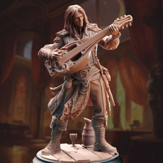 Ereviel Eight Toes, Elven Fortune Bard miniature, playing a lute while standing in an elegant pose with detailed attire. Ideal for use in tabletop RPGs like Dungeons & Dragons or Pathfinder.