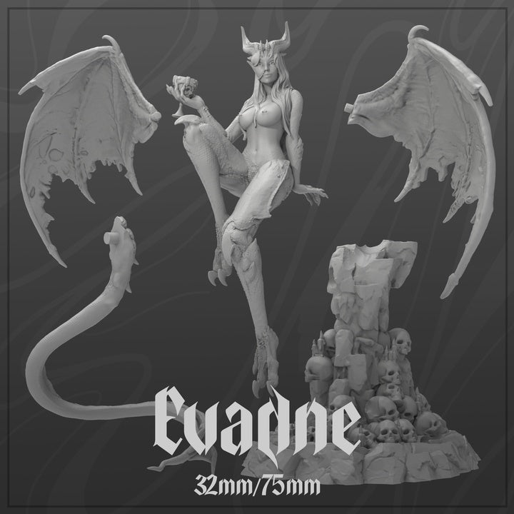 Exploded parts view of Evadne showing wings, tail, throne, and separate figure components with 32mm/75mm scale label