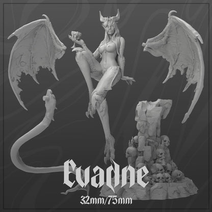 Exploded parts view of Evadne showing wings, tail, throne, and separate figure components with 32mm/75mm scale label