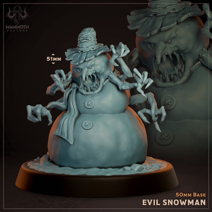 A menacing Evil Snowman figurine with jagged teeth, clawed arms, a tattered hat, and a scarf, perfect for dark winter-themed TTRPGs like Dungeons & Dragons or Pathfinder.