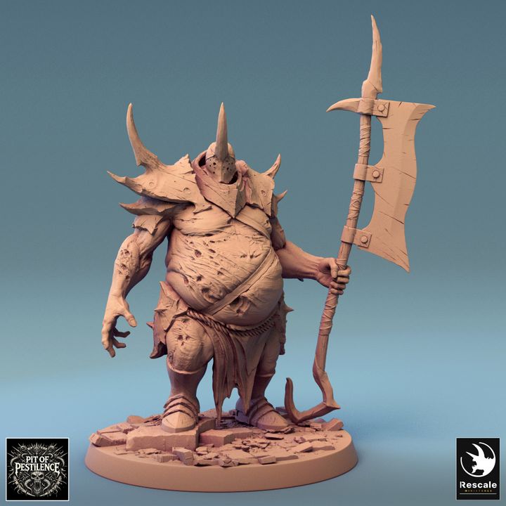 Demon holding an axe in a menacing pose, with horned armor and detailed muscle structure, suitable for dark fantasy campaigns.