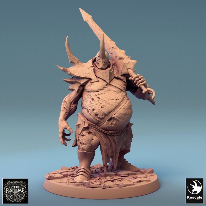 Grotesque figure holding a large sword, poised for battle, with horns and armor ideal for dark TTRPG settings.