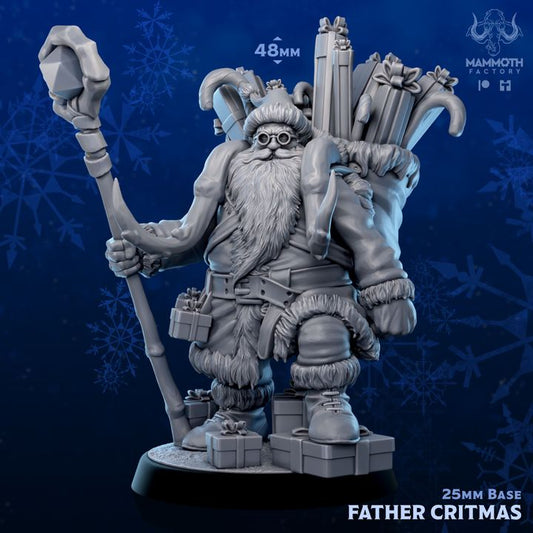 A festive Father Critmas figurine holding a staff, wearing a fur-lined coat, and carrying a giant sack full of gifts and supplies, ideal for seasonal TTRPG adventures like Dungeons & Dragons or Pathfinder.