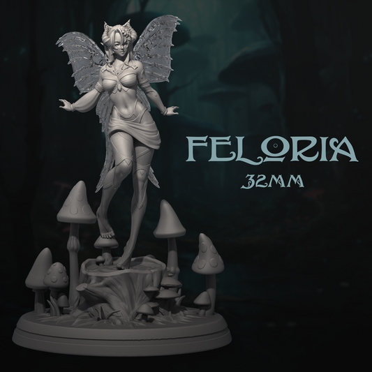 3D-printed Feloria miniature, featuring an elegant fairy with delicate wings standing on a mushroom-covered base, designed for TTRPGs like Dungeons and Dragons and Pathfinder.