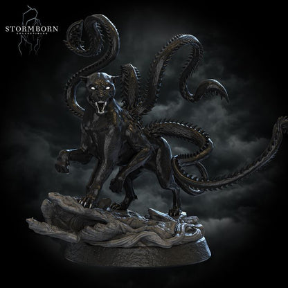 A front-facing view of the Displacer Beast miniature, emphasizing its feral stance and piercing eyes.