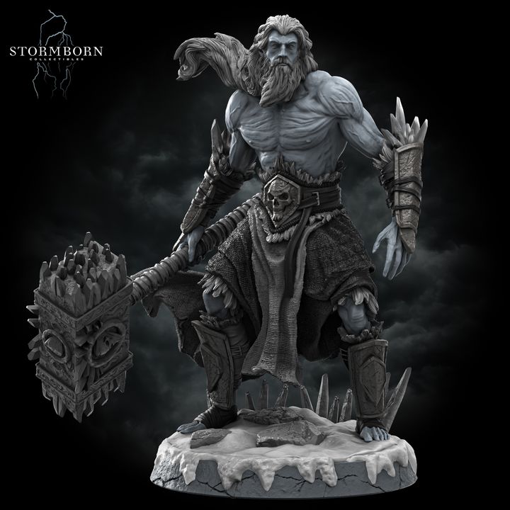 Frost Giant miniature from the back, showcasing detailed fur and bone armor, standing atop an icy base.