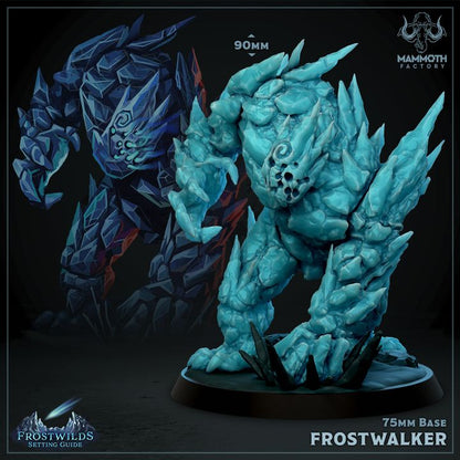 Frostwalker 3D-printed miniature, an ice-bound golem designed for tabletop RPGs such as D&D, Pathfinder, and Warhammer.