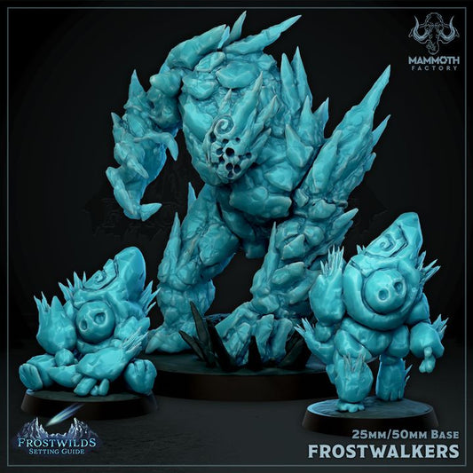 Frostwalkers 3D-printed miniatures featuring crystal-like golems for tabletop RPGs such as D&D, Pathfinder, and Warhammer.