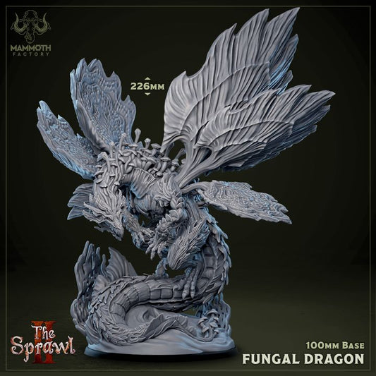 Fungal Dragon figurine with intricate fungal details, large leaf-like wings, and a twisted vine body, standing on a 100mm base.