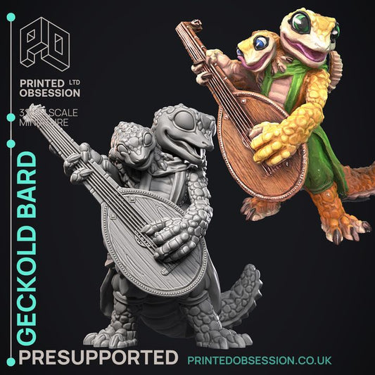 Geckold Bard, a lizardfolk character joyfully playing a large lute. The miniature features detailed scales and a lively pose, capturing the essence of a musical performer in a fantasy setting.