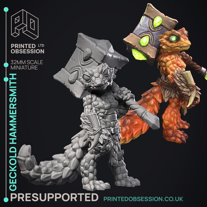 Geckold Hammersmith, a sturdy lizardfolk character, wielding a massive, rune-inscribed hammer. With rugged scales and primitive armor, this miniature captures the essence of a master craftsman or formidable fighter in fantasy settings.