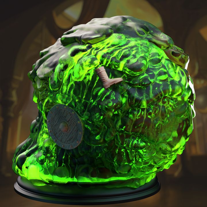 Gelatinous Sphere miniature from the front, showing an adventurer's shield and arm trapped within the translucent ooze. Ideal for use in tabletop RPGs like Dungeons & Dragons or Pathfinder.