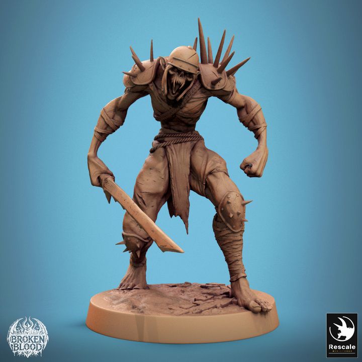 Displaying an enraged expression, this Ghoul Ravager snarls, clutching a weapon in one hand. Armored and covered in spikes, it embodies raw fury, suitable for fantasy settings with brutal undead encounters.