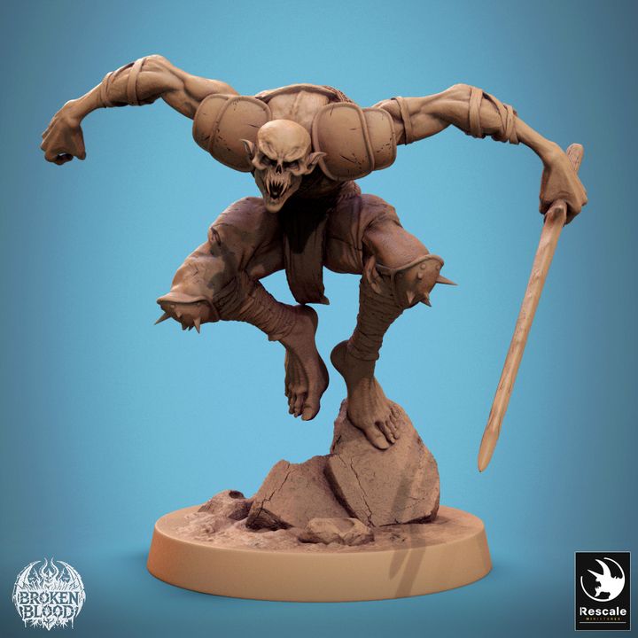 This figure is crouched, ready to spring, with a weapon gripped tightly. Armor spikes accentuate its stealthy, predatory aspect, suitable for dark campaigns with undead assassins.