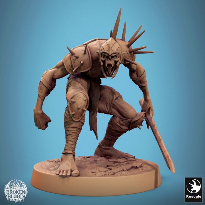 Positioned in a crawling stance with weapon at the ready, this figure exudes sinister intent. Spiked armor and skeletal features make it a chilling creature for dark fantasy campaigns.