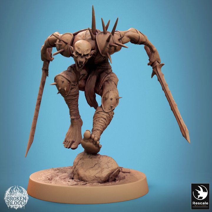 Depicted mid-air with claws extended, landing fiercely on one foot, poised to strike. Armor includes shoulder spikes and jagged plating, emphasizing a deadly, agile stance perfect for dark fantasy TTRPGs.