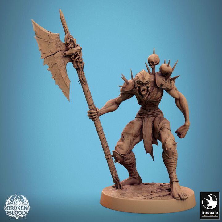 Standing guard with a bone-adorned great axe, the Ghoul Ravager is in a defensive pose. Its stance and menacing armor make it a formidable figure, ideal for fantasy TTRPGs.