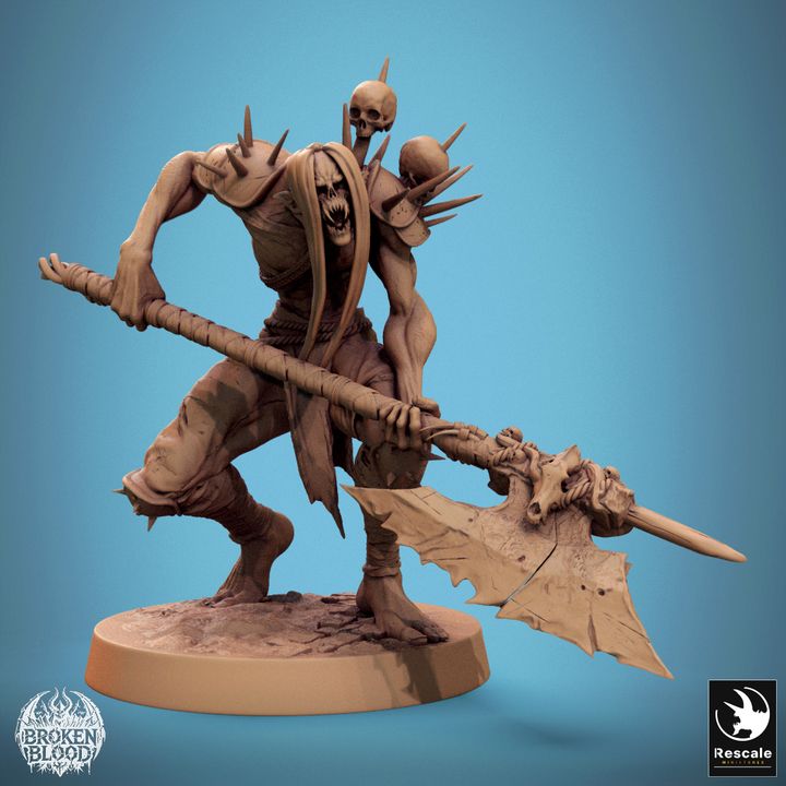 Wielding a massive axe adorned with bones, the Ghoul Ravager is poised for an assault. This heavily armored ghoul features skeletal decorations and an aggressive stance, perfect for a sinister fantasy setting.