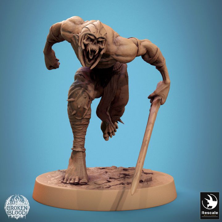 Ghoul Ravager charging forward with a twisted grin, clutching a sword and baring fanged teeth.