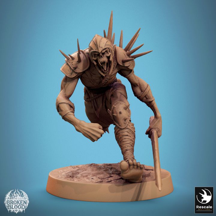 This figure showcases the Ghoul Ravager in a forward sprint, with one arm raised and the other holding a weapon. Armor spikes and feral features highlight its predatory nature, ideal for games like Pathfinder or Dungeons & Dragons.