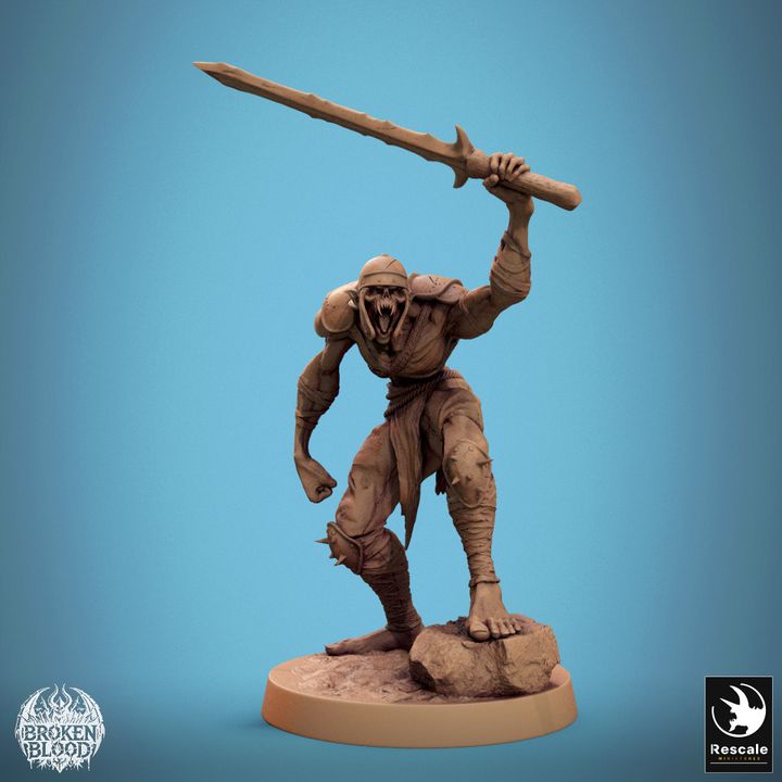 Ghoul Ravager lifting a sword triumphantly, standing atop a rock with spiked armor and a threatening expression.