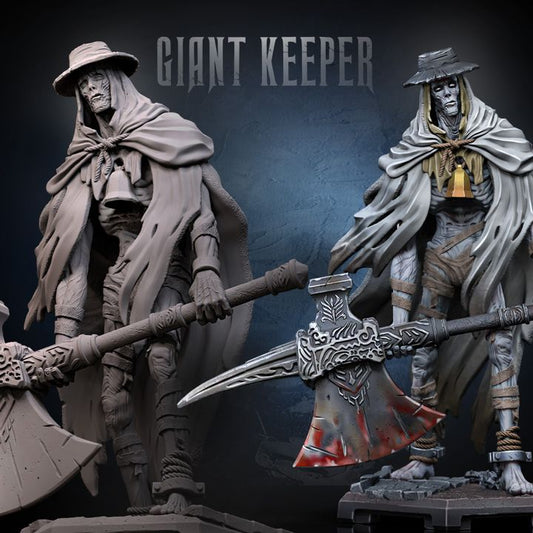 Painted and unpainted collage of Giant Keeper miniatures, showcasing the axe's bloodstained detail and horror-themed aesthetic.
